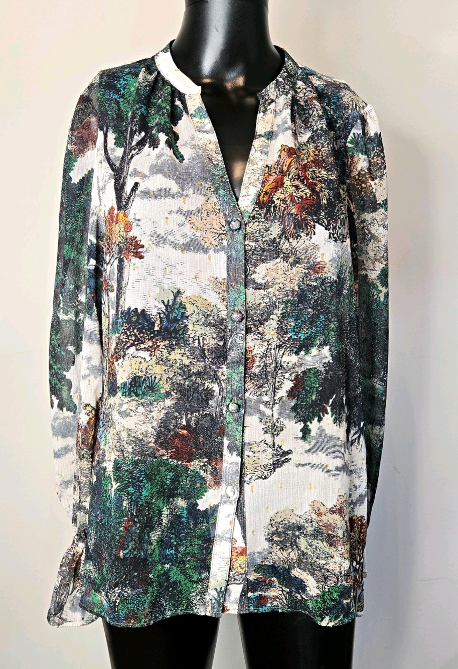 White House Black Market Dreamscape Forest Chiffon Blouse Metallic Accents Sz S